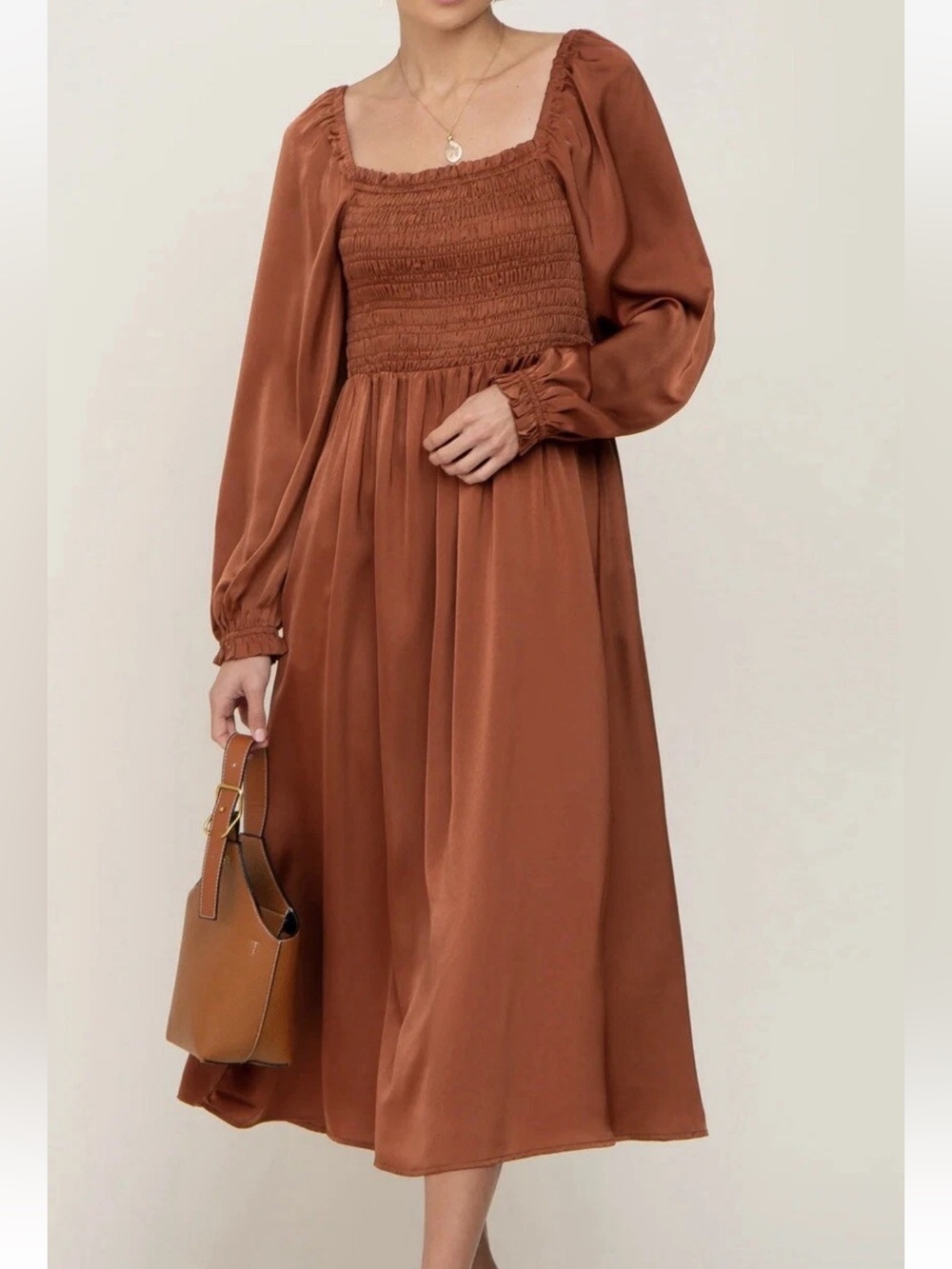LIKE NEW GAP Silky Smocked Long Sleeve Midi Dress